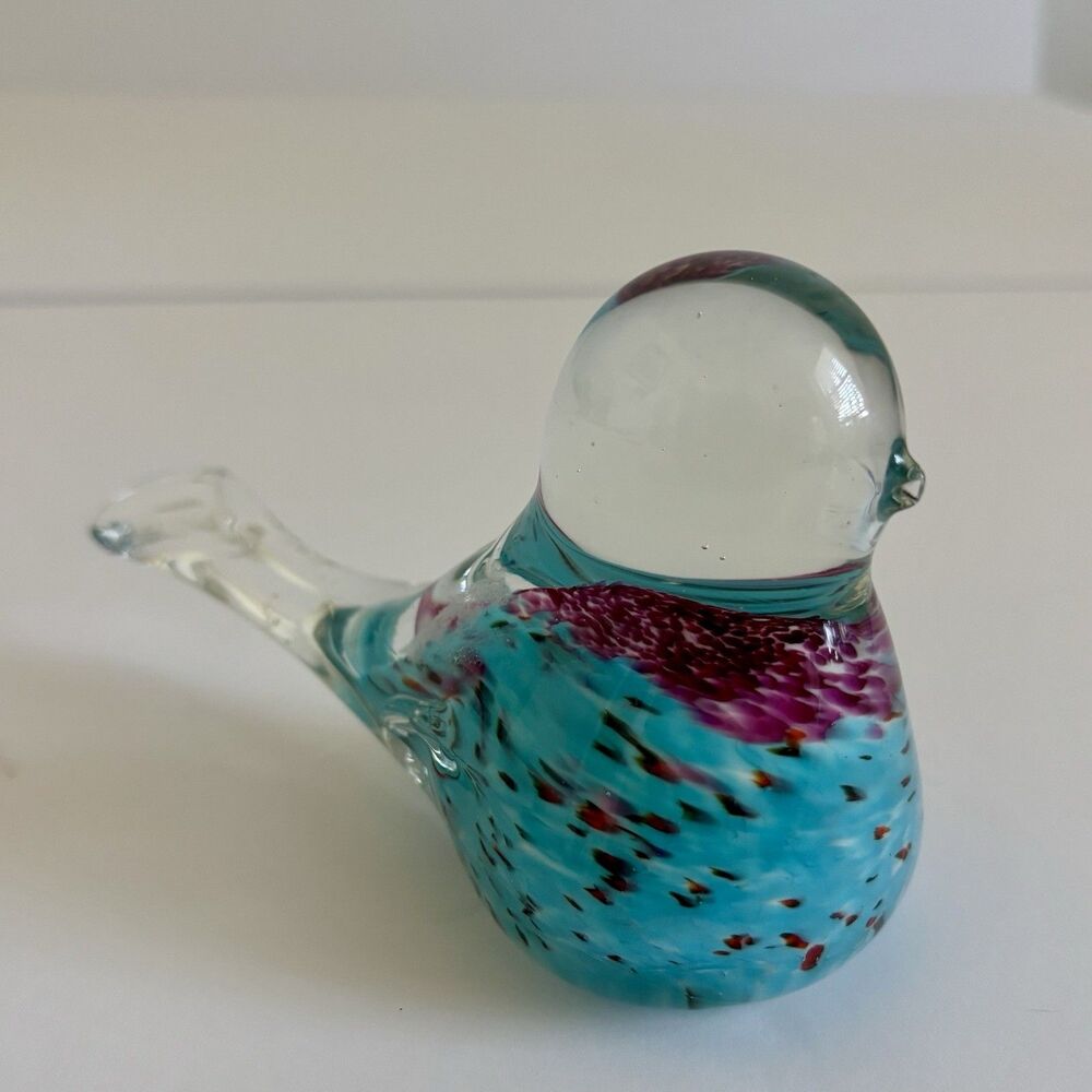 Vintage Hand Blown Glass Turquoise Majenta Fat Bird Dove Paperweight